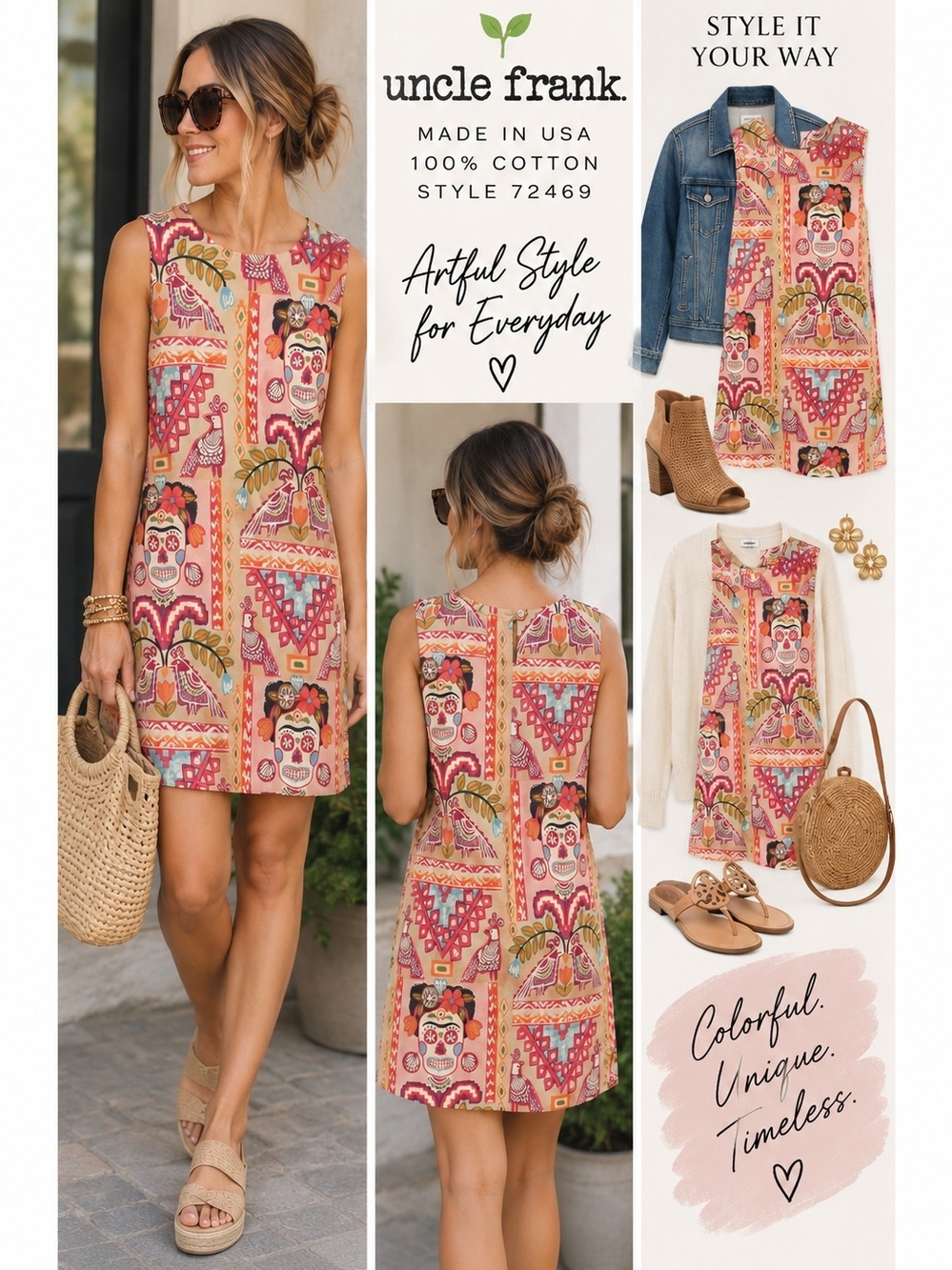 Uncle Frank 72469 Colorful Folk Art Sugar Skull Bird Print Dress Small USA